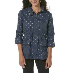 Laura Scott Petite MP Navy/White Polka Dot Zip Snap Rain Jacket Drawstring Waist